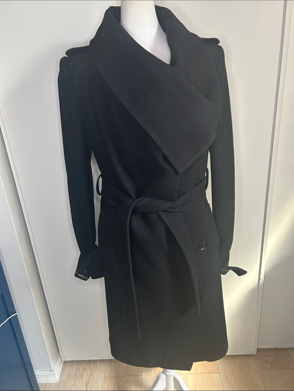 BCBGMAXAZRIA "Carlin" Black Wool-Blend Draped Wrap Trench Coat